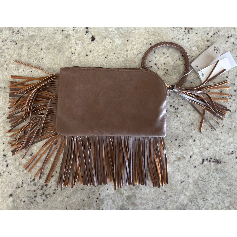 Calin Vegan Leather Fringe Clutch Wristlet‎ Brown Boho Tassel